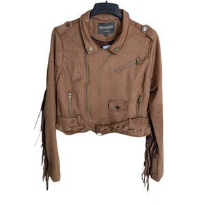 Women's NWT Western Faux Suede Fringe Moto Jacket, camel, size XL